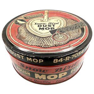 Depression Era Tin & Lid Snow Bird Dust Mop 84-R-7054 Made In USA 1930s